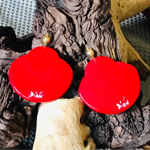 Vintage 80’s Red & Goldleaf Lacquer & Paper Statement OOAK Earrings Signed Dion - Picture 11 of 11